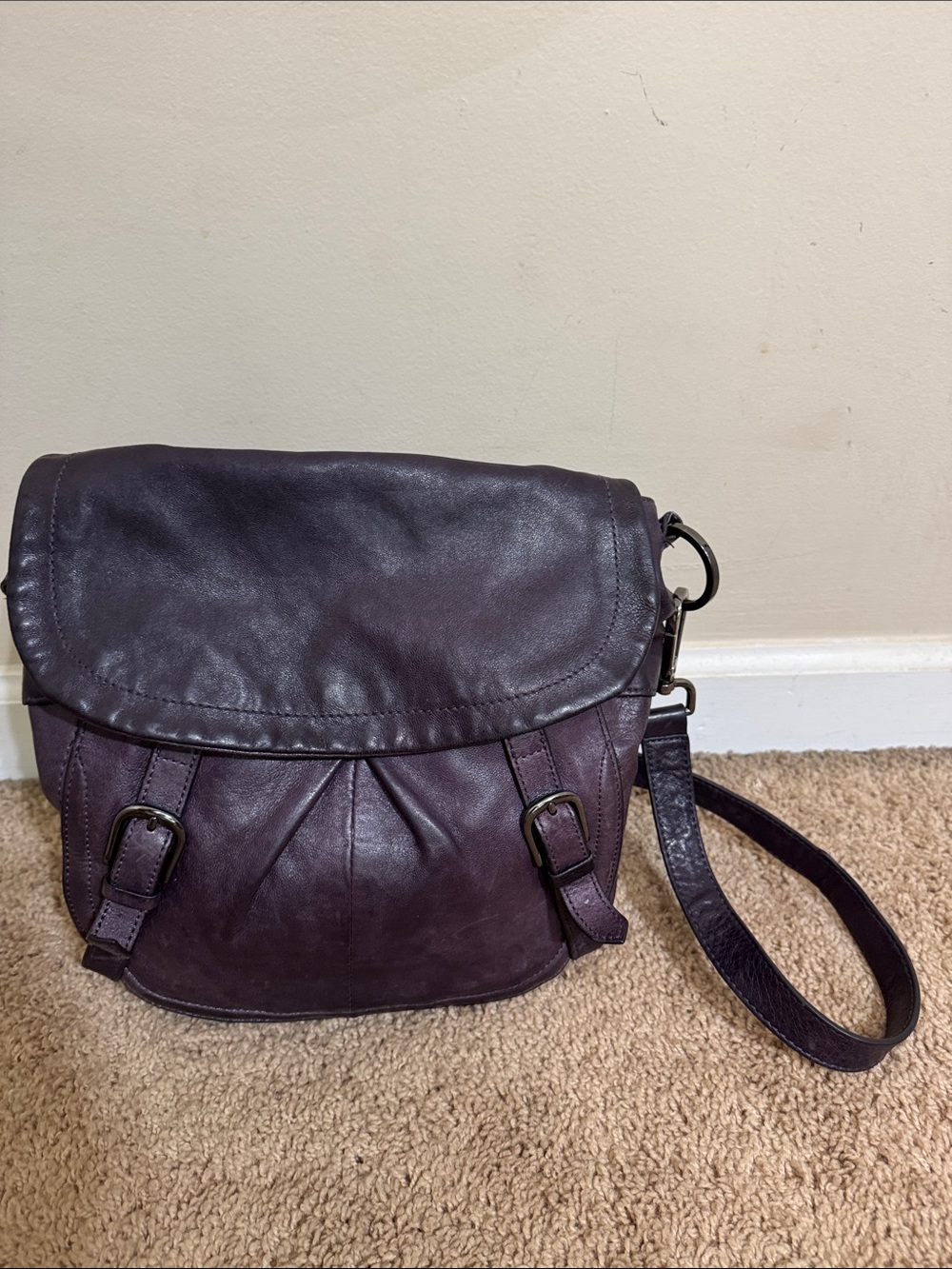 Perlina Y2K Purple Leather Crossbody Saddle Bag Leopard Lining Medium Whimsigoth